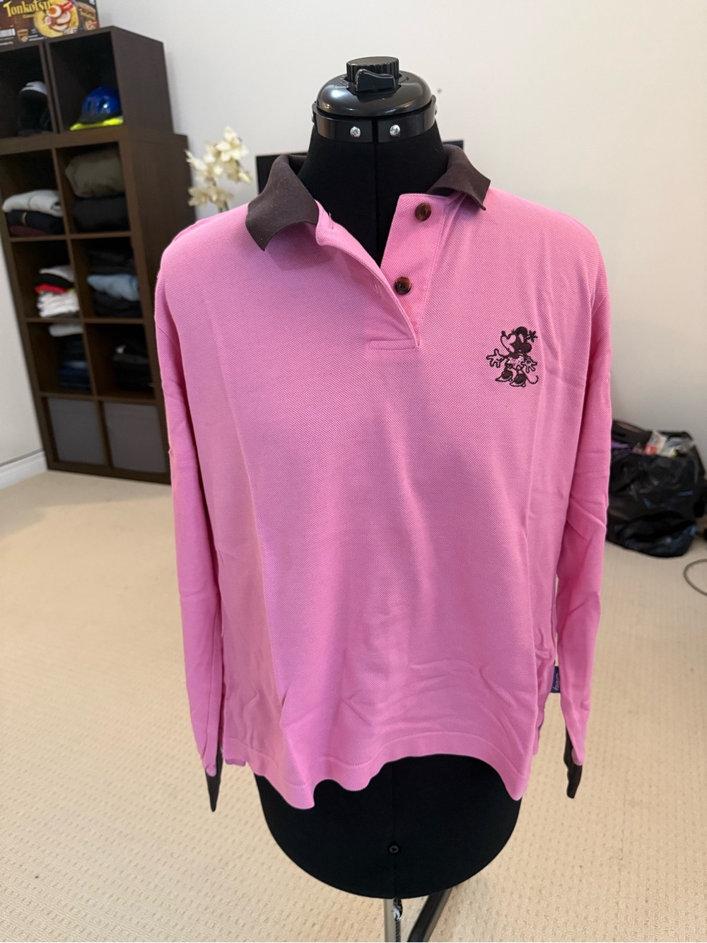 Disney Collection Pink Long Sleeve Polo Shirt Minnie Mouse Embroidered Size L